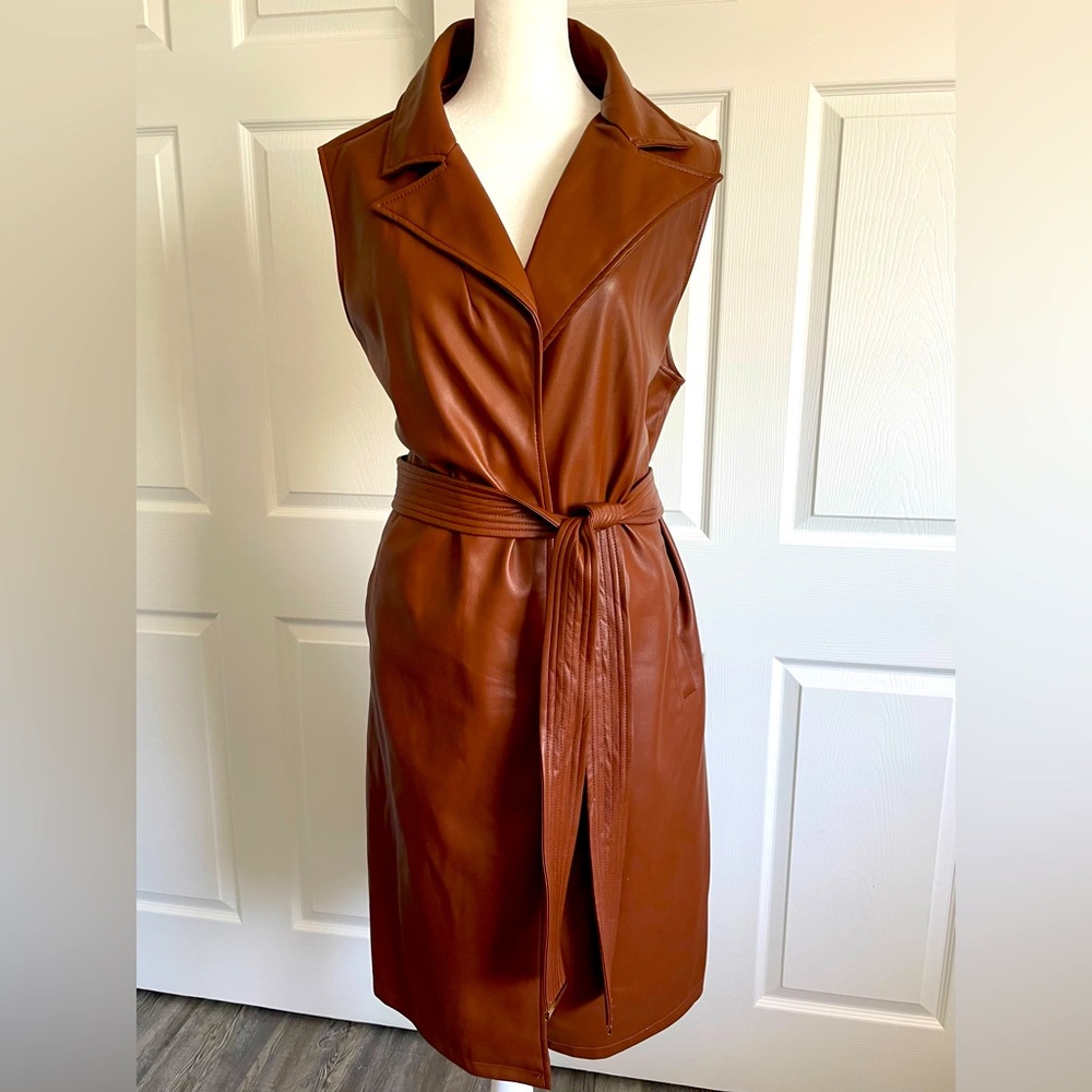Women’s Cognac long vegan leather wrap vest with belt